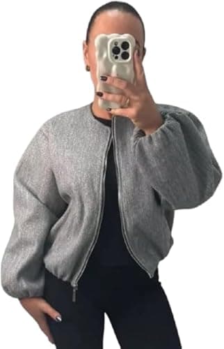 Image of Pretty Attitude Women’s Classic Plain Bomber Zipper Jacket, Ladies Balloon Sleeve Elegant Full Zip Lightweight Winter Warm Short Coats (UK, Numeric, 12, 14, Regular, Regular, Grey)
