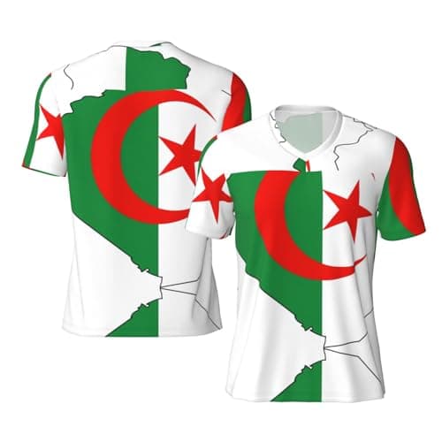 Image of DUWAA Algeria Flag Map Print Football Jersey Shirt, Fashion Moisture Wicking Gym Athletic Short Sleeve for Football Traning Black