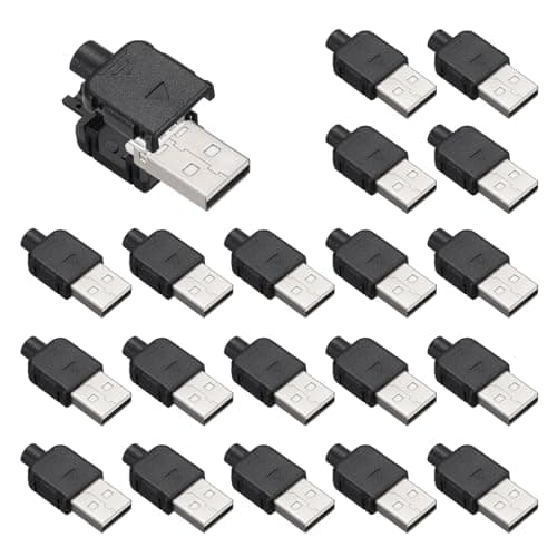 Image of sourcing map 20Pcs USB 2.0 Type A Male Plug Connector, 4 Pin Solder Terminal with 3mm Cable Hole for DIY Cable Repair Kit, Power Supply, Microcontroller Project, Black, 33x16mm