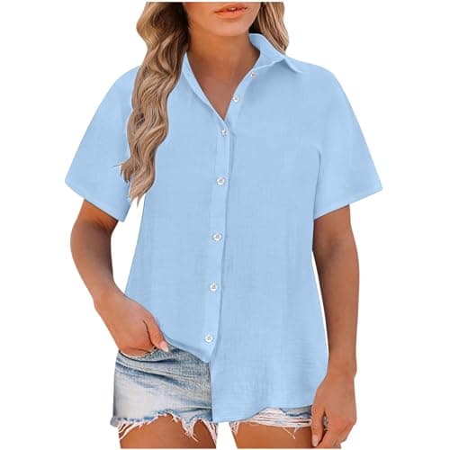 Image of HAOLEI Ladies Linen Tops 2026 - Womens Cotton Linen T-Shirt UK Elegant Tee Shirts Button Down Summer Lapel Short Sleeve Casual Smart Office Work Tunic Tops Collared Blouses Plus Size 8-22 Light Blue