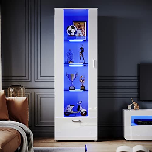 Image of ELEGANT 187cm Tall Display Cabinet Sideboard Cupboard Unit Furniture, Carcass in Clear Acrylic/Front in White High Gloss, Multicolour LED Lights with Remote, 187x60x40cm (HxWxD)