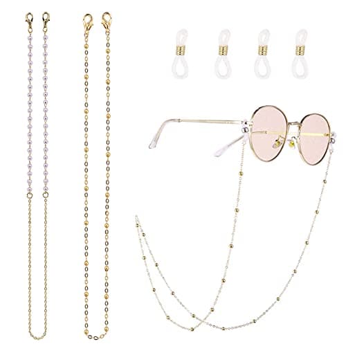 Image of 2 PCS Glasses Chains Sunglasses Chain Gold Glasses Chain Beaded Eyeglass Chains Spectacle Chain Reading Glasses Bead Glasses Strap Chains Eyewear Chain for Glasses Women with Anti-Skid Ear Hooks