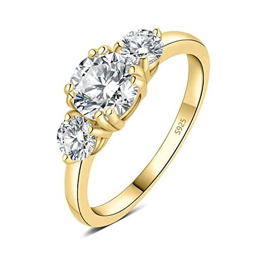 Image of JewelryPalace Classic 3 Stones 1ct Cubic Zirconia Engagement Rings for Women, 14k Yellow Gold Plated 925 Sterling Silver Promise Ring for Her, Round Cut Simulated Diamond Wedding Rings Size 6.5