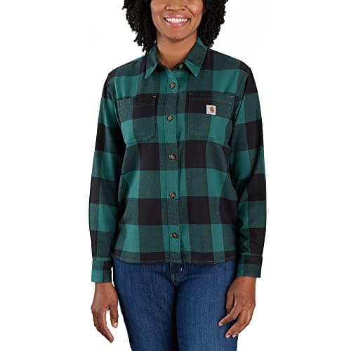 Image of Carhartt Women's Rugged Flex Loose Fit Midweight Flannel Long-Sleeve Plaid Shirt, Slate Green, X-Small