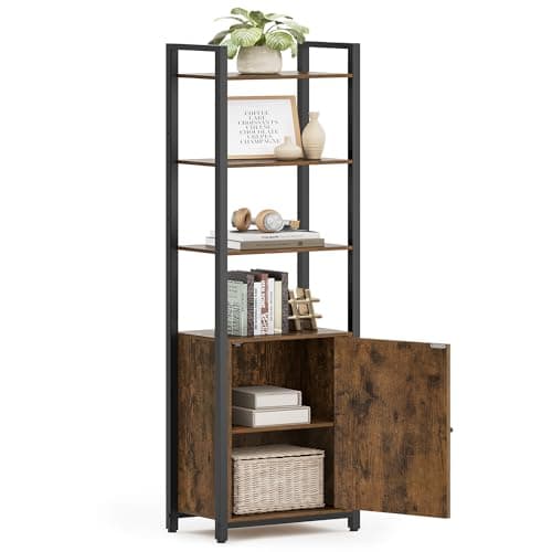 Image of VASAGLE 6-Tier Bookcase, Tall Bookshelf with Door, Metal Frame, Adjustable Shelves, 24 x 40 x 159.5 cm, Living Room Bedroom, Rustic Brown and Ink Black LLS132K01