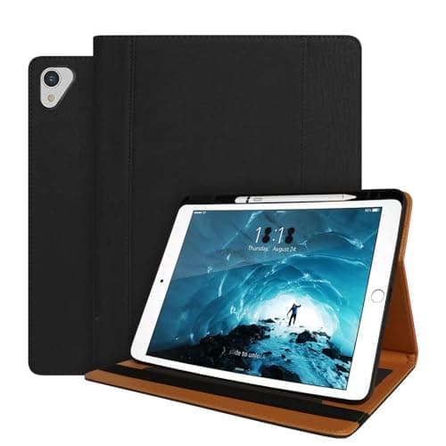 Image of World biz Leather Case for iPad Pro 12.9 Inch 2017/2015 (Old Model, 1st and 2nd Generation), Premium Leather Multi-Angle Viewing Stand Cover with Pencil Holder & Card Slots, Auto Sleep/Wake, Black