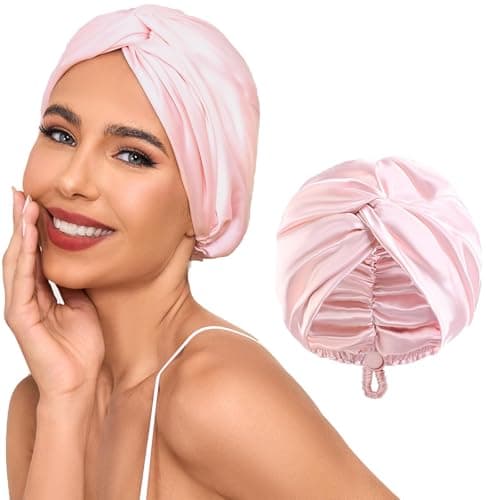 Image of Adjustable Silk Satin Hair Bonnet for Sleeping Women, Double Layer, Silk Hair Wrap for Sleeping Women Men, Curly Natural Braid Straight Unisex (Pink)