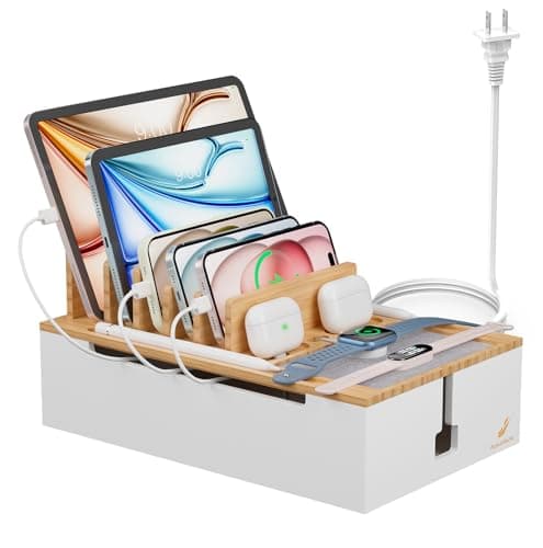 Image of Pezin & Hulin Bamboo Charging Station for Multiple Devices, USB Charger Dock Organizer, with Power Supply (10 Ports HUB), 6 Cables, Cable Management Organizer for Cell Phones, Tablets -Natural+White