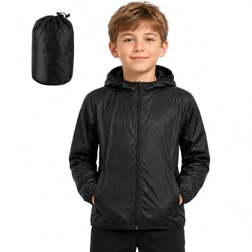 Image of Kids Waterproof Jacket – Lightweight Packable Raincoat for Boys & Girls, UPF 50+ Sun Protection with Carry Pouch – Ideal for Hiking, Camping & School (UK, Age, 6 Years, 7 Years, Regular, Black)