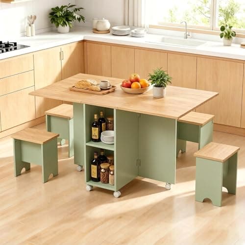 Image of Warmiehomy 5 Piece Folding Dining Table and Chairs Set, Wooden Drop Leaf Dining Table with Storage Shelves & 6 Wheels and Kitchen Stools Set of 4 for Compact Apartment Home Living Room, Wood+Green