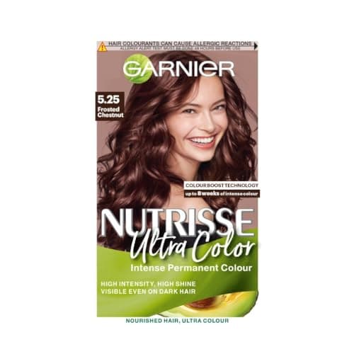 Image of Garnier Nutrisse Ultra Color Hair Dye, Vegan, 5.25 Frosted Chestnut Brown. Provides 100% grey coverage and vibrant, long-lasting 8-week colour. No-ammonia, vegan for a beautiful frosted chestnut.