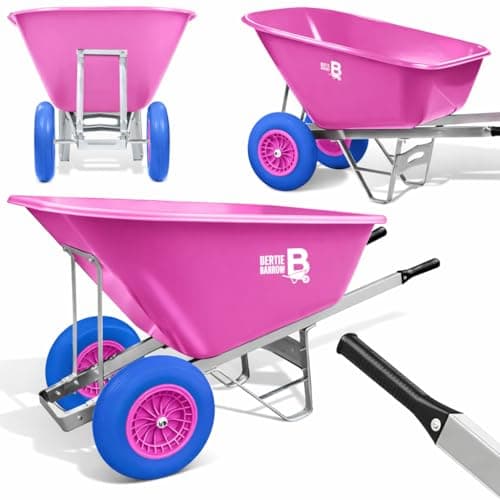Image of Equimed Garden Wheelbarrow - Extra Large Trolley with 200L Plastic Bucket, Puncture-Proof PU Wheels, Galvanised Frame (Pink/Blue)