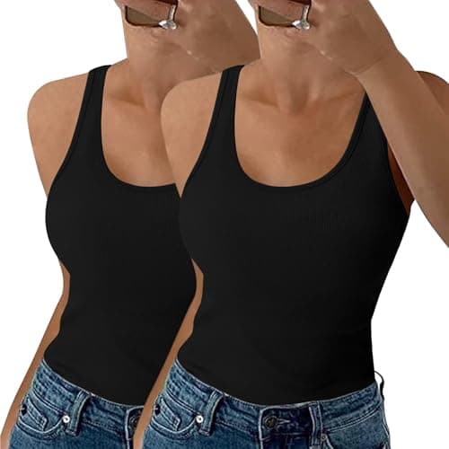 Image of Aottori Tank Tops Women Summer Ribbed Vest Top Ladies 2 Pack Sleeveless Cotton Camisole Crew Neck Slim Fitted Stretch Plain Basic Cami Top Black+Black XL