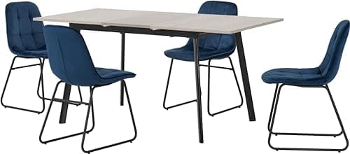 Image of Seconique Avery Extending Dining Table Set with 4 Lukas Dining Chairs in Concrete/Sapphire Blue Velvet