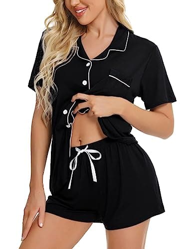 Image of SWOMOG Womens Pyjama Set Short Sleeve Sleepwear Button Down Nightwear Two-piece Pj Lounge Sets XL Black