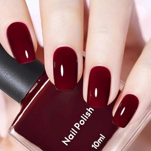 Image of Cherry Red Nail Polish 10ml, Quick Dry Water-Based Breathable Formula, Long Lasting Varnish for Home Nail Art, Dark Red Lacquer for Women