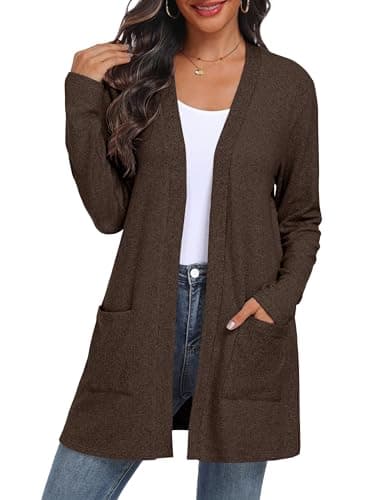 Image of QIXING Women's Cardigan Open Front Lightweight Long Sleeve Casual Sweater Cardigan with Pockets for Autumn Winter (Coffee, XL)