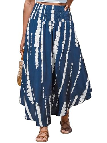 Image of CUPSHE Maxi Skirt Smocked High Waist Abstract Long Skirt Cover Up Beach Boho Skirt Navy White M