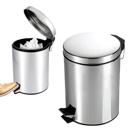 Image of 5 Litre Metal Chrome Pedal Bin - Toilet Rubbish Trash Hygienic Paper Dustbin Waste, Garbage | For Home, Bathroom, Bedroom, Office, Kitchen - Strong Stainless Steel | Silent, Stay-Open Lid (5l)