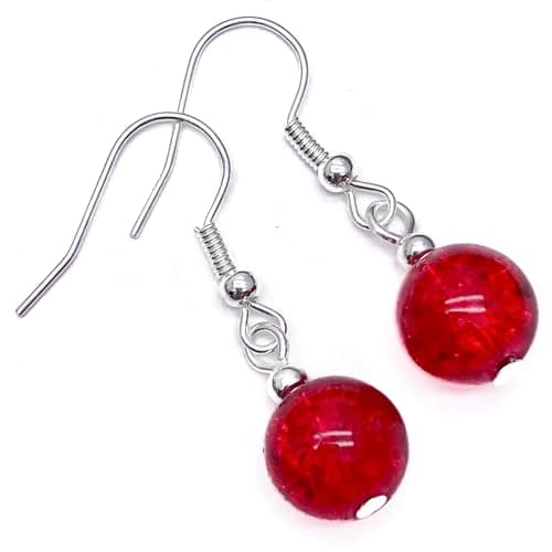 Image of Red Crackle Glass Bead Earrings, 10mm Round Beads on Nickel Free Silver Tone Hooks : 35mm long, Colourful Beaded Gift for Women