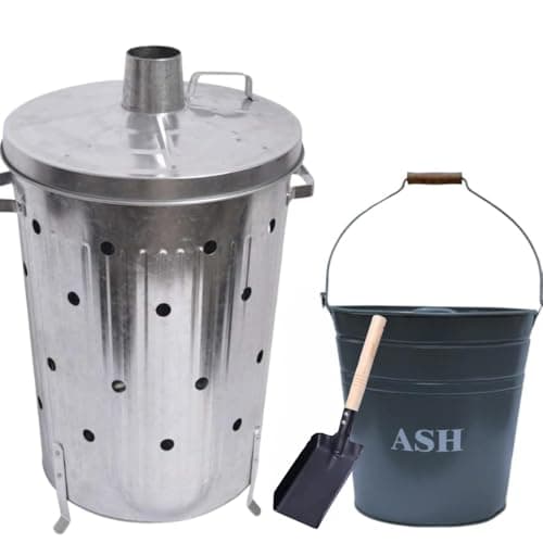 Image of Trendi 90 Litre Extra Large 90L Galvanised Metal Incinerator + Shovel Recycle Garden Rubbish Fire Wood Burner Burning Leaves Hot Ash Bucket Coal & Box Lid (90L Inci + Grey Ash Bucket & Shovel)