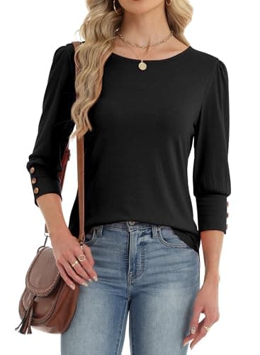 Image of INFITTY Womens 3/4 Sleeve Tops Ladies Blouse Crew Neck Tunic Puff Sleeve T Shirts Curved Hem Black S