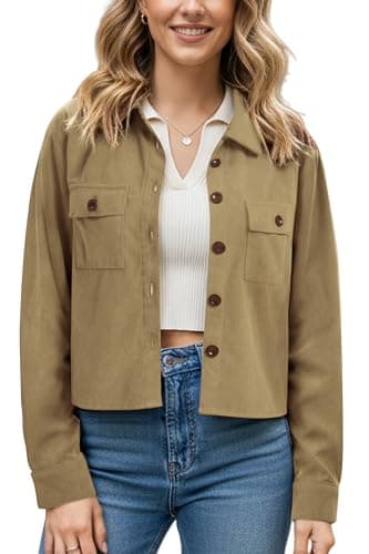 Image of Enmain Ladies Corduroy Khaki Jacket Casual Long Sleeve Corduroy Shirts Button Down Cropped Jackets for Women UK Warm Soft Shacket with Double Chest Pockets,M