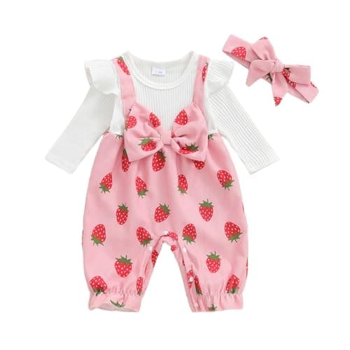 Image of Loalirando Newborn Baby Girl Clothes One Piece Romper Strawberry Printed Long Sleeve Corduroy Bubble Jumpsuit with Headband Cute Fall Winter Outfit (Pink, 3-6 Months)