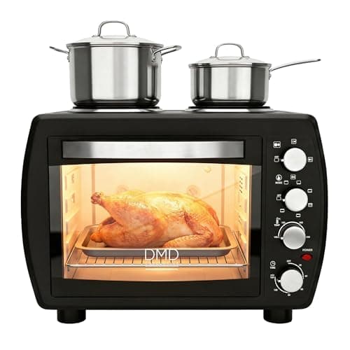 Image of DMD Collective - 35L Mini Oven with Dual Hot Plates, Electric Countertop Cooker, 100-250°C Temperature Control, 120min Timer, Wire Rack, Baking Tray & Rotisserie Fork, Energy-Efficient