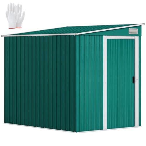Image of Outsunny 7 x 5FT Metal Garden Shed with Foundation Kit, 2 Adjustable Shelves and Hooks, Waterproof Galvanised Steel Lean to Shed with Sliding Doors, 2 Vents and Pent Roof, Green