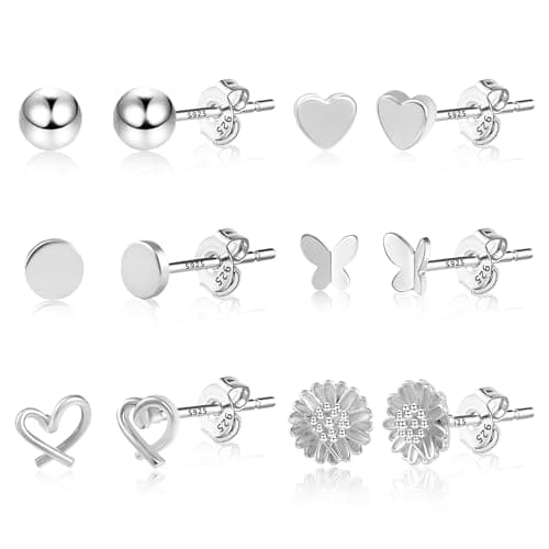 Image of ASH'S CHOICE Silver Sterling Silver Stud Earrings, 6 Pairs, Multipack Small Studs, Butterfly Star Heart Round Ball, 6PairsSilverB