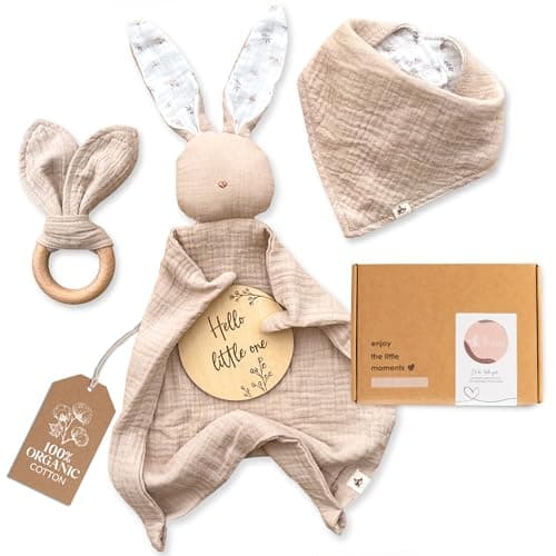 Image of Mikito Baby Gift Set – Organic Newborn Essentials | 4-Piece Keepsake Set | Muslin Comforter, Wooden Teether, Bib & Birth Announcement Sign | Ideal for New Baby & First Time Mums