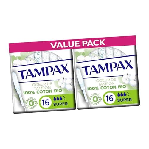 Image of Tampax Cotton Protect Super Organic Tampons 32 Tampons (2 Packs of 16) – Organic Cotton Core with MotionFit Applicator and LeakGuard Braid for Medium to Heavy Flow