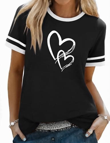 Image of Aottori T Shirt Women's Short Sleeve Heart Printed T-Shirts UK Summer Cotton Basic Round Neck Tshirts Ladies Loose Fit Tee Shits Black XL