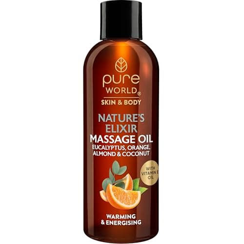 Image of Pure World Natures Elixir Massage Oil 100ML -Energizing Aromatherapy Spa Body Oil - Natural Moisturising & Smoothing Oil for Rejuvenating Massage. with Coconut, Eucalyptus & Orange Oil Made in UK