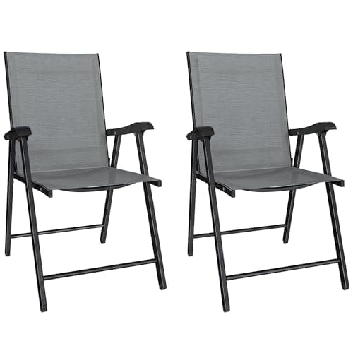 Image of Outsunny Folding Garden Chairs Set of 2, Foldable Garden Dining Chairs with High Back and Armrests, Breathable Texteline Folding Outdoor Chair Set with Metal Frame for Patio, Balcony, Light Grey