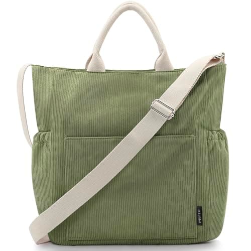 Image of Prite Corduroy Tote Bag for Women with Zipper Large Capacity Shoulder Bags with Adjustable Strap and Pockets Waterproof Handbag for Work School Shopping Travel College (Green)