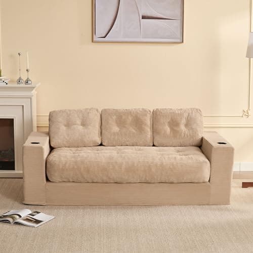 Image of Litbird 3 Seater Couch for Living Room, Space-Saving Boneless Sofa in a Box with Cushions & Cup Holders, Corduroy Floor Sofa with Backrest, No Assembly Required, for Small Spaces & Teens,Camel