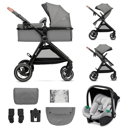 Image of Kinderkraft ESME 3-in-1 Car Seat with Mink PRO I-Size Baby Carrier, Travel System, Baby Stroller, Foldable Stroller, Newborn Up to 4 Years, Grey