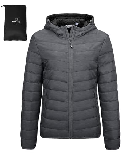 Image of Outdoor Ventures Women's Winter Lightweight Puffer Jacket with Hood, Warm, Short, Packable, Quilted, Transitional, Padded Jacket for Ladies, Lined for Hiking, Travel Dark Grey Heather M