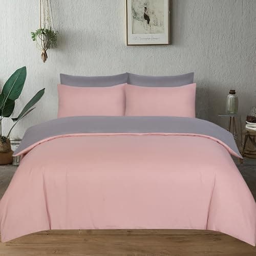 Image of J.Din Blush Pink and Grey Plain Dyed Duvet Cover - Soft Brushed Microfiber - King Size Bedding Set With Matching Pillow cases - Reversible Quilt Cover Sets