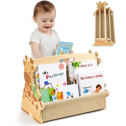 Image of MHJY Kids Bookshelf – Wooden Double-Sided Sling Book Rack with Canvas Storage, Toddler Bookcase for Nursery, Bedroom, Playroom – Montessori Style Children’s Book Organiser
