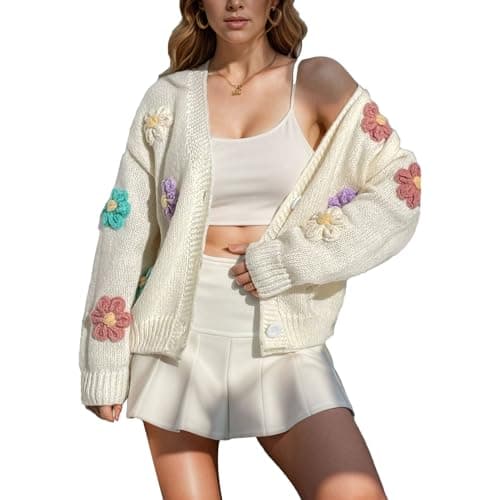 Image of ANUFER Women's Lovely Flower Crochet Sweater V-Neck Button Down Long Sleeve Knit Cardigan Tops SN079177 White M