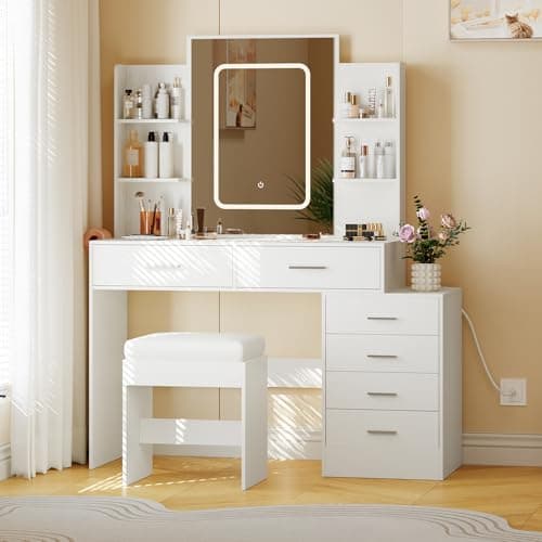 Image of Garvee Dressing Table with LED Mirror & Cabinet, 6 Drawers Vanity Desk with Power Outlet, 3 Color Modes, Brightness Ajustable, Makeup Vanity with Chair for Bedroom, White