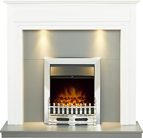 Image of Adam Honley Fireplace in Pure White & Grey with Downlights & Blenheim Electric Fire in Chrome, 48 Inch