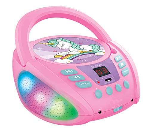 Image of Lexibook, Unicorn, Bluetooth CD player for kids, Portable, Multicoloured light effects, Microphone jack, Aux-in jack, AC or battery-operated, Girls, Boys, Pink, RCD109UNI