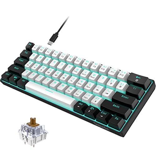 Image of Snpurdiri 60% Wired Mechanical Gaming Keyboard, 61 Anti-Ghosting Keys, Blue LED Backlight, Ultra-Compact, Two Stands (Brown Switches/Black White)