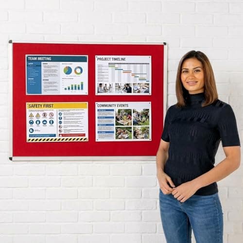 Image of Wonderwall Premium Red Felt Noticeboard,120 x 90 cm, Anti-Fade Pinboard, Aluminium Frame with Concealed Corner Wall Fixings - Ideal for Office, School, Industry, Hubs, Healthcare
