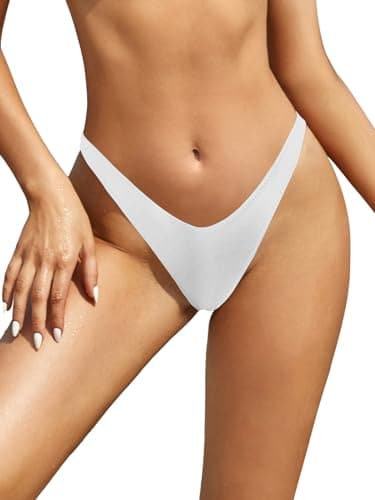 Image of SHEKINI Women Thong Bikini Bottoms V Cut High Leg Cheeky Brazilian Swimsuit Bottom, White, Small