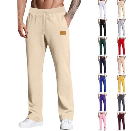 Image of Joggers for Men UK Open Hem Jog Pants Plain Jogging Bottoms Tracksuit Bottom Joggers with Pockets Running Pants Elasticated Waisted Sweatpants Gym Sports Trousers Lounge & Workout Beige